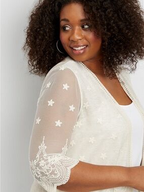 Ivory/Beige Lace Embroidered Sheer Sleeve Cardigan Plus Size 2